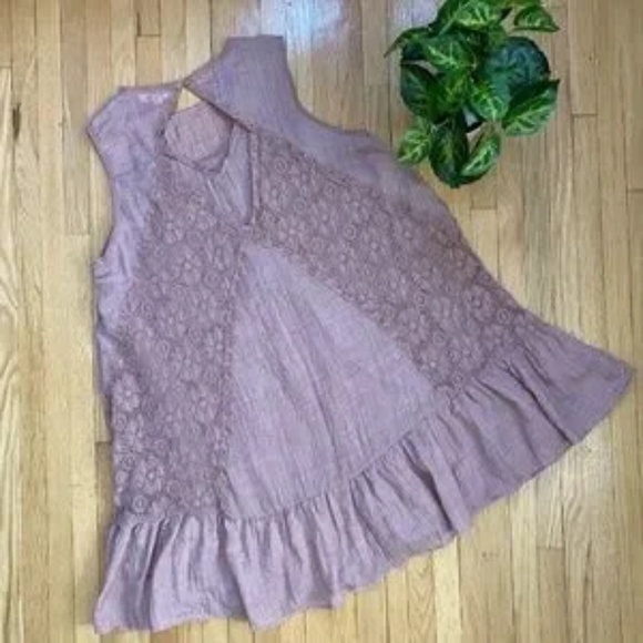 Umgee Sleeveless Lace Panel Ruffle Hem Mauve Mini Dress - Tunic Top Size L - Picture 10 of 11
